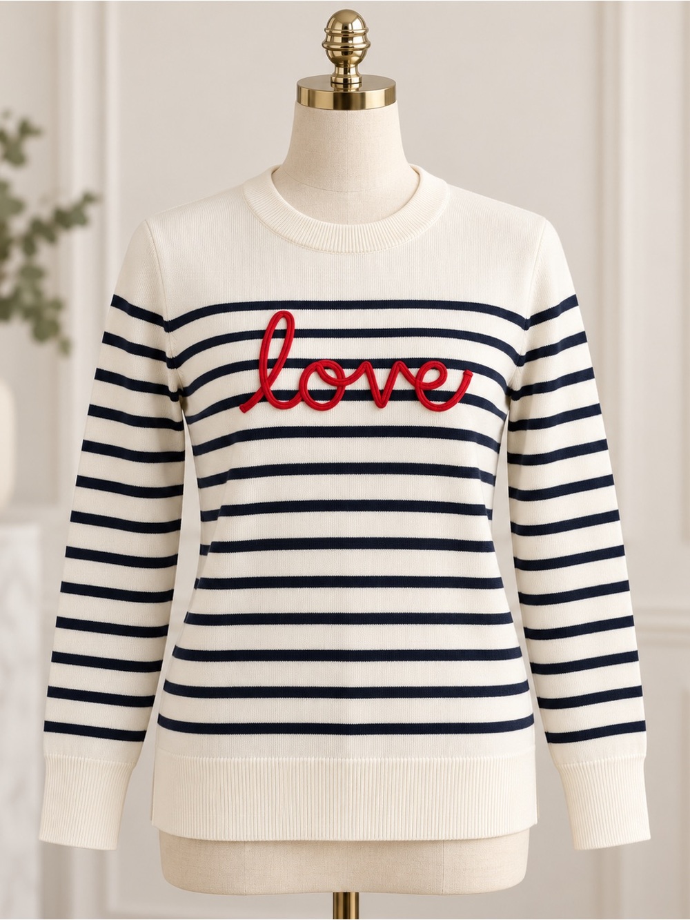 NWOT Cream and Navy Striped 'Love' Sweater with Red Script